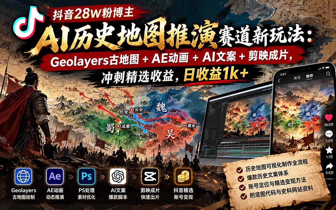 抖音28W粉博主AI历史地图推演赛道新玩法:Geolayers古地图+AE动画+AI文案+剪映成片,冲刺精选收益,日收益1k+-鼎誉项目网
