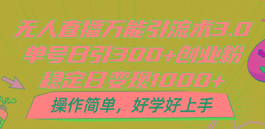 无人直播万能引流术3.0，单号日引300+创业粉，稳定日变现1000+，操作简单-鼎誉项目网