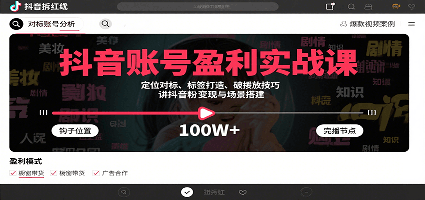 抖音账号盈利实战课,定位对标、标签打造、破播放技巧,讲涨粉变现与场景搭建-鼎誉项目网