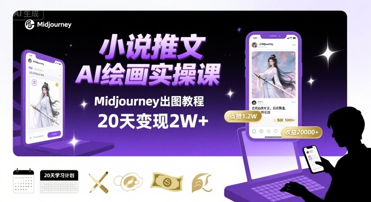 小说推文干货分享之AI绘画MJ出图实操课，用Midjourney做小说推文，20天挣2w-鼎誉项目网