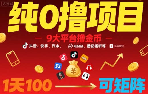 纯0撸项目，9大平台撸金币，抖音，快手，汽水，番茄畅听等，1天100，可矩阵-鼎誉项目网