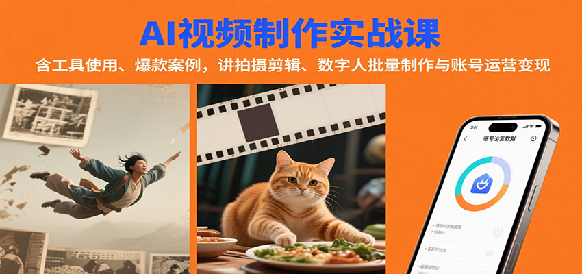 AI视频制作实战:含工具使用、爆款案例,讲拍摄剪辑、数字人批量制作与账号运营变现-鼎誉项目网