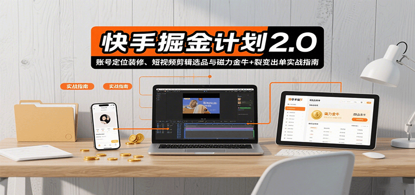 快手掘金计划2.0,账号定位装修、短视频剪辑选品与磁力金牛+裂变出单实战指南-鼎誉项目网