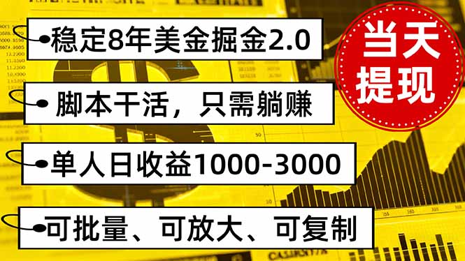 稳定8年美金掘金2.0脚本干活，只需躺赚。单人日收益1000-3000可批量、...-鼎誉项目网