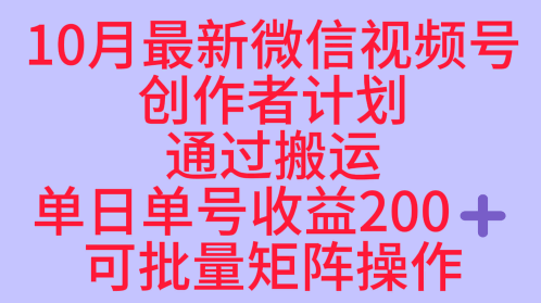10月最新视频号收益最大化赛道长久稳定红利项目，单日单号收益2张+可批量矩阵操作-鼎誉项目网