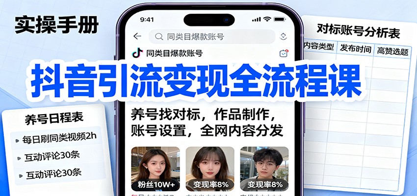 抖音引流变现全流程课:养号找对标,作品制作,账号设置,全网内容分发-鼎誉项目网