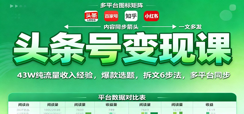 头条号变现课:43W纯流量收入经验,爆款选题,拆文6步法,多平台同步-鼎誉项目网