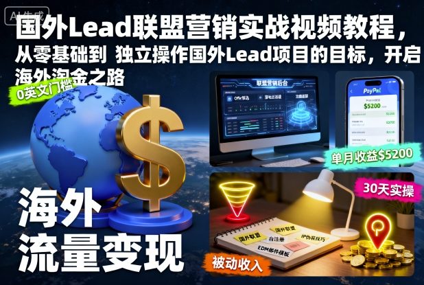 国外Lead联盟营销实战视频教程，从零基础到独立操作国外Lead项目的目标，开启海外淘金之路-鼎誉项目网