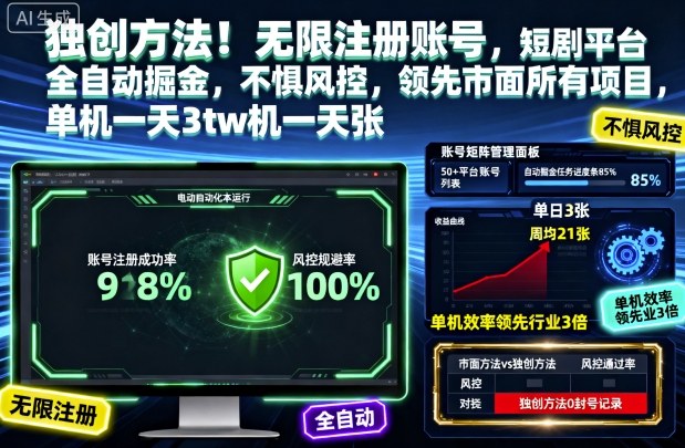 独创方法！无限注册账号，短剧平台全自动掘金，不惧风控，领先市面所有项目，单机一天3张【揭秘】-鼎誉项目网