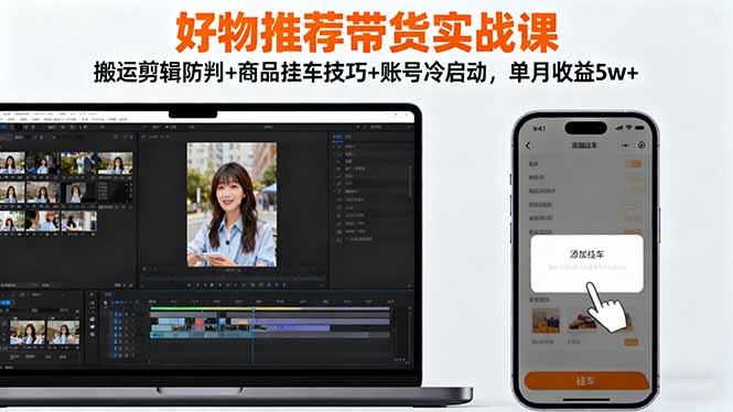 好物推荐带货实战课：搬运剪辑防判+商品挂车技巧+账号冷启动，单月收益5w+-鼎誉项目网