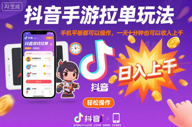 抖音手游拉单玩法，手机平板都可以操作，一天十分钟也可以收入上K【揭秘】-鼎誉项目网