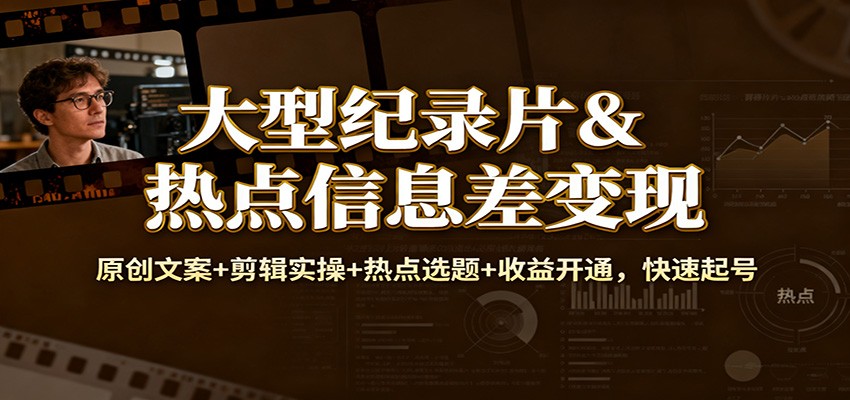 大型纪录片&热点信息差变现：原创文案+剪辑实操+热点选题+收益开通，快速起号-鼎誉项目网