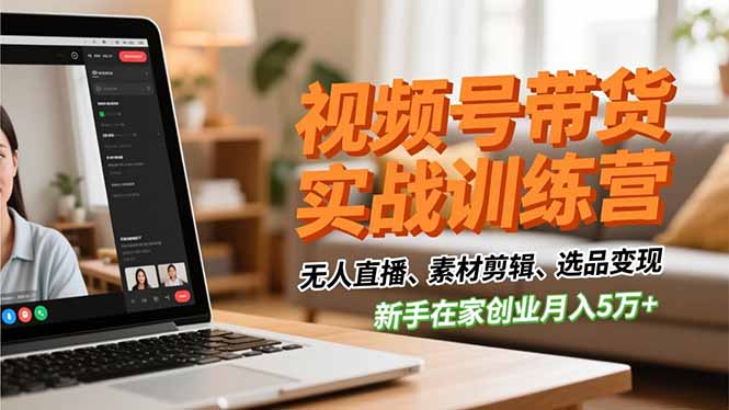 视频号带货实战训练营，无人直播、素材剪辑、选品变现，新手在家创业月入5万+-鼎誉项目网