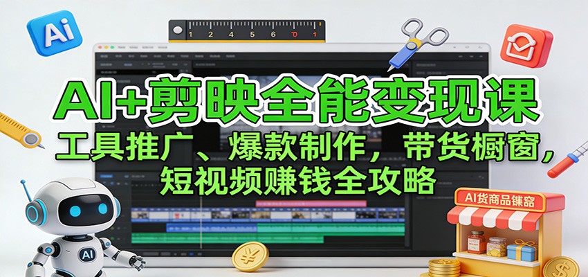 AI+剪映全能变现课:工具推广、爆款制作、带货橱窗,短视频赚钱全攻略-鼎誉项目网