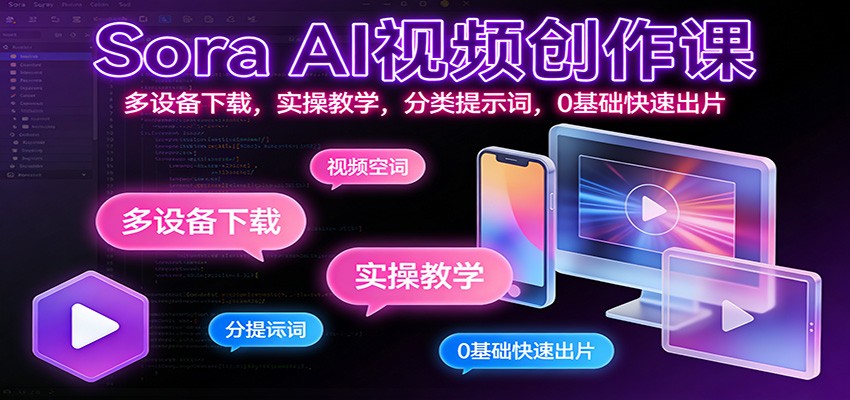 Sora AI视频创作课:多设备下载,实操教学,分类提示词,0基础快速出片-鼎誉项目网
