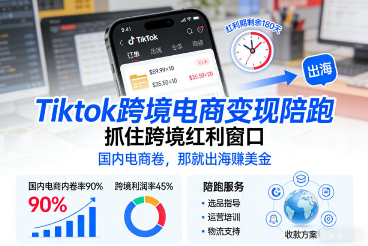 Tiktok跨境电商变现陪跑，抓住跨境红利窗口，国内电商卷，那就出海賺美金-鼎誉项目网