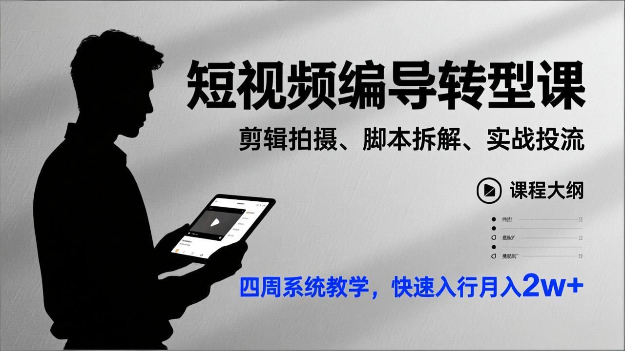 短视频编导转型课，剪辑拍摄、脚本拆解、实战投流，四周系统教学，快速入行月入2w+-鼎誉项目网