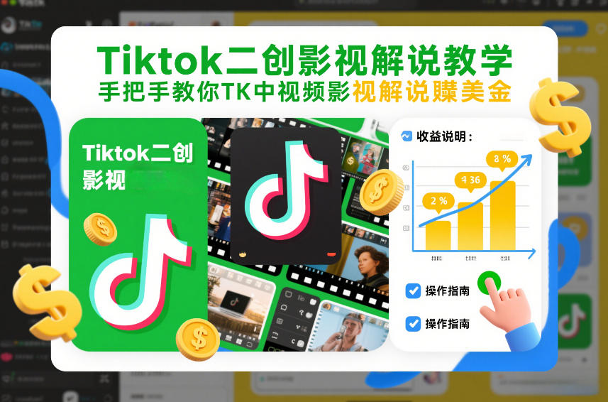 Tiktok二创影视解说教学，手把手教你TK中视频影视解说賺美金(更新26年1月)-鼎誉项目网
