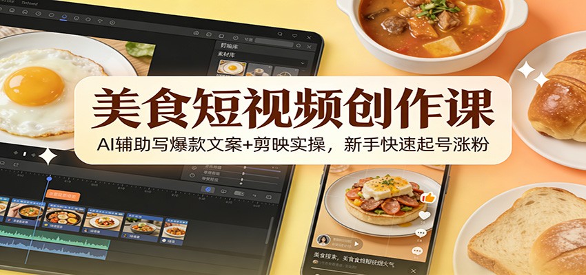 美食短视频创作课:AI辅助写爆款文案+剪映实操,新手快速起号涨粉-鼎誉项目网