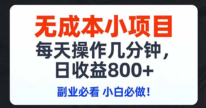 无成本小项目,每天操作几分钟,日收益800+ 副业必看 小白必做！-鼎誉项目网