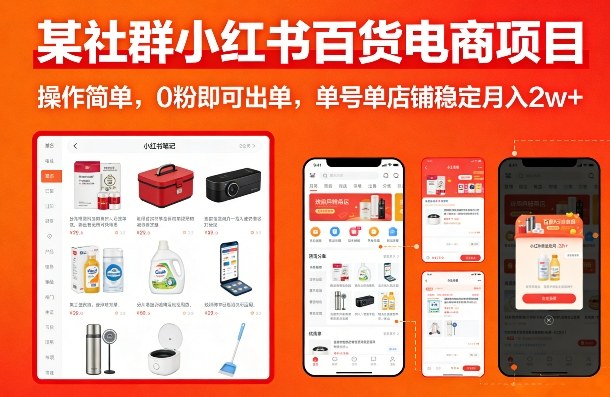 某社群小红书百货电商项目，操作简单，0粉即可出单，单号单店铺稳定月入2w+-鼎誉项目网