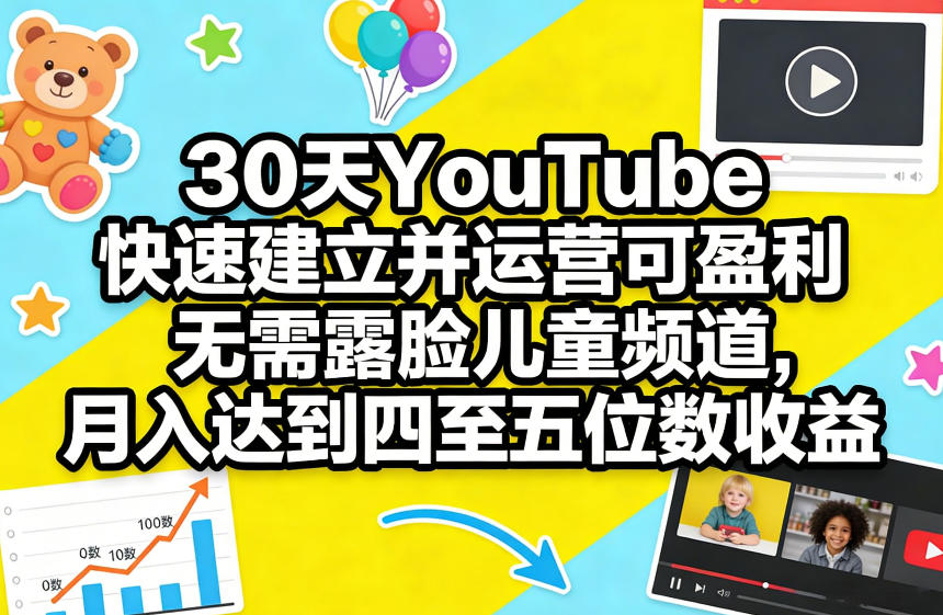 30天YouTube快速建立并运营可盈利无需露脸儿童频道，月入达到四至五位数收益-鼎誉项目网