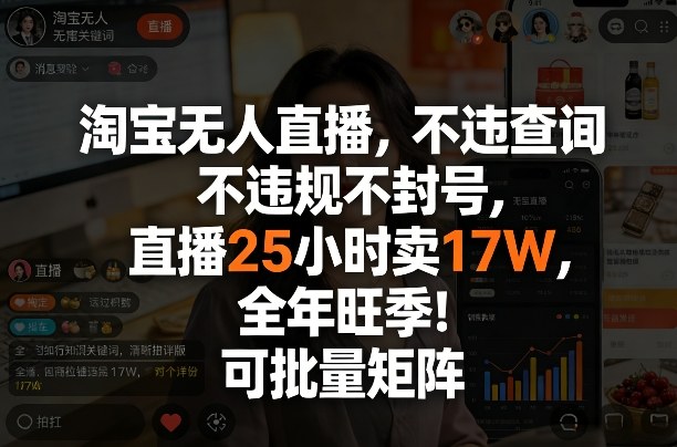 淘宝无人直播，不违规不封号，直播25小时卖17W，全年旺季！可批量矩阵【揭秘】-鼎誉项目网
