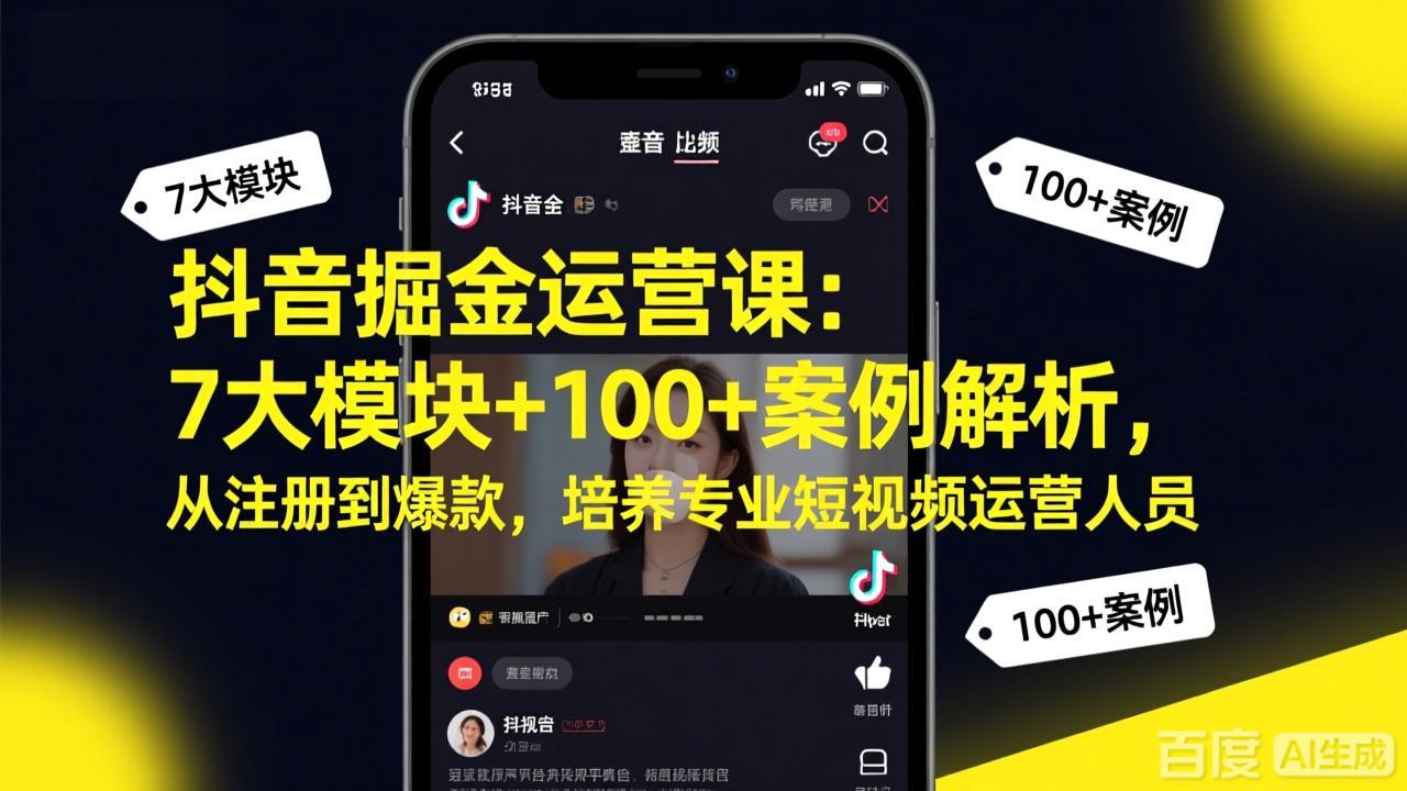 抖音掘金运营课：7大模块+100+案例解析，从注册到爆款，培养专业短视频运营人员-鼎誉项目网