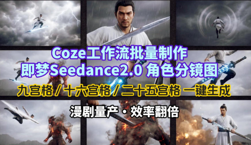 Coze工作流批量制作即梦Seedance2.0角色分镜图，九宫格-十六宫格-二十五宫格一键生成，漫剧量产，效率翻倍-鼎誉项目网