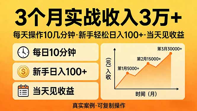 3个月实战收入3万+，每天操作10几分钟，新手轻松日入100+，当天见收益-鼎誉项目网