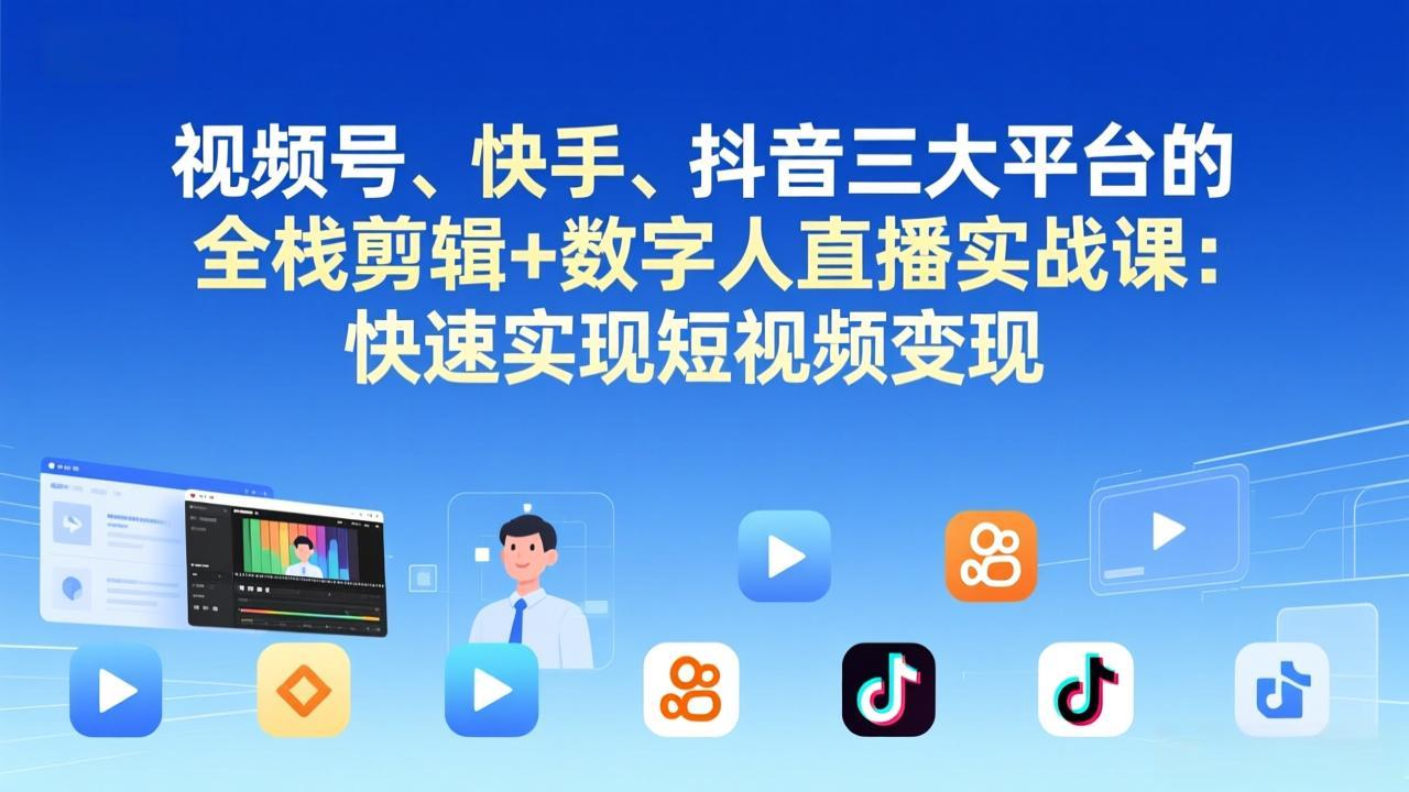 视频号+快手+抖音三大平台的全栈剪辑+数字人直播实战课-3月更新：快速实现短视频变现-鼎誉项目网