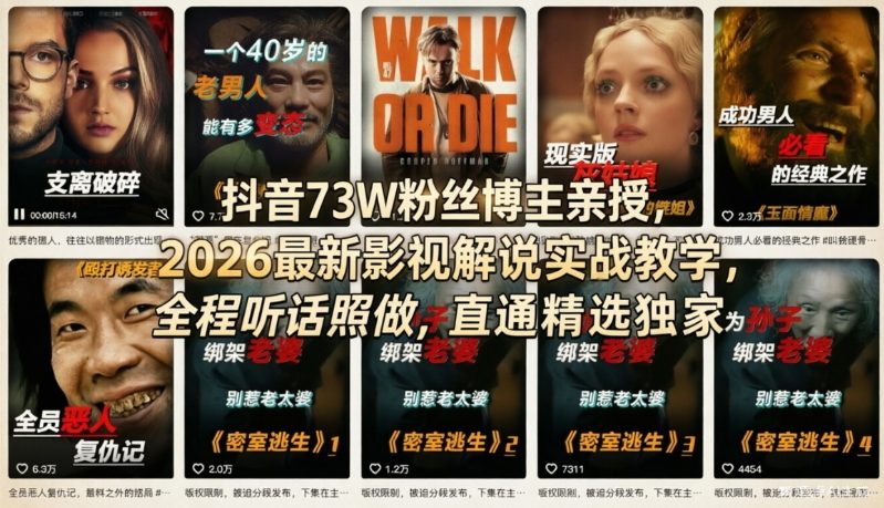 抖音73W粉丝博主亲授，2026最新影视解说实战教学，全程听话照做，直通精选独家-鼎誉项目网
