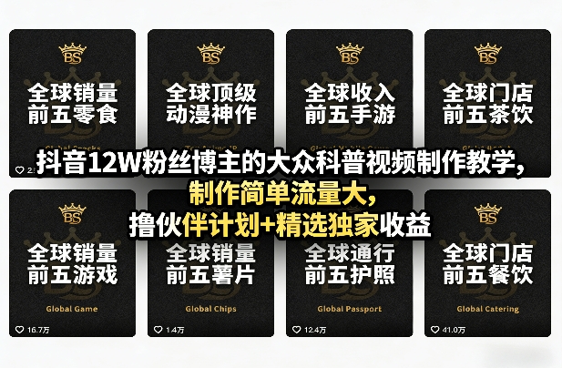抖音12W粉丝博主的大众科普视频制作教学，制作简单流量大，撸伙伴计划+精选独家收益-鼎誉项目网