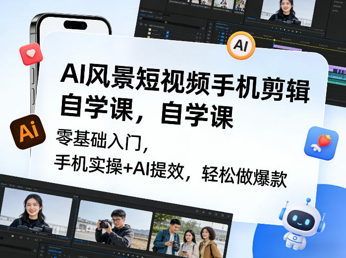 AI风景短视频手机剪辑自学课，零基础入门，手机实操+AI提效，轻松做爆款-鼎誉项目网