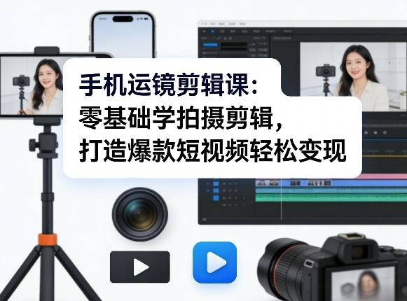 手机运镜剪辑课：零基础学拍摄剪辑，打造爆款短视频轻松变现-鼎誉项目网