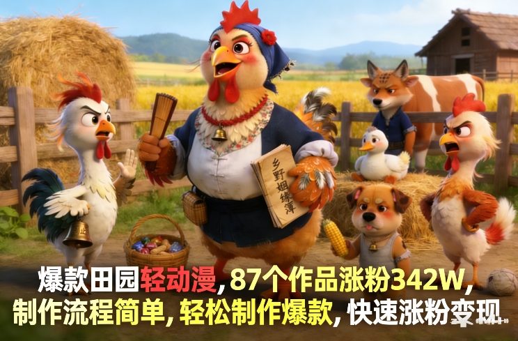 爆款田园轻动漫，87个作品涨粉342W，制作流程简单，轻松制作爆款，快速涨粉变现-鼎誉项目网