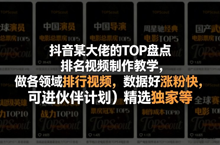抖音某大佬的TOP盘点排名视频制作，做各领域排行视频，数据好涨粉快，可进伙伴计划＋精选独家等-鼎誉项目网