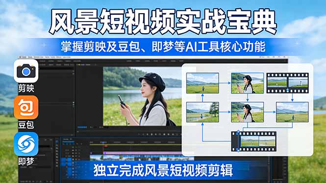 风景短视频实战宝典：掌握剪映及豆包、即梦等AI工具的核心功能，独立完成风景短视频剪辑-鼎誉项目网