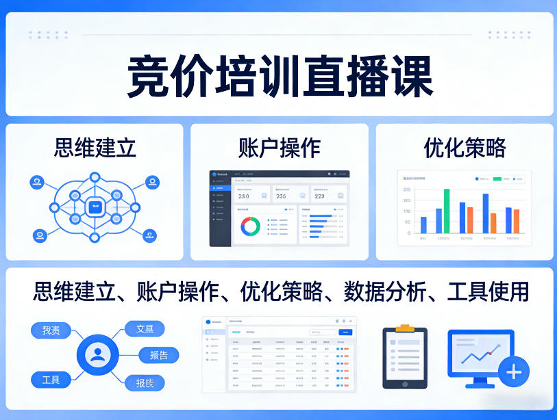 竞价培训直播课，覆盖思维建立、账户操作、优化策略、数据分析、工具使用等，全方位提升效果-鼎誉项目网