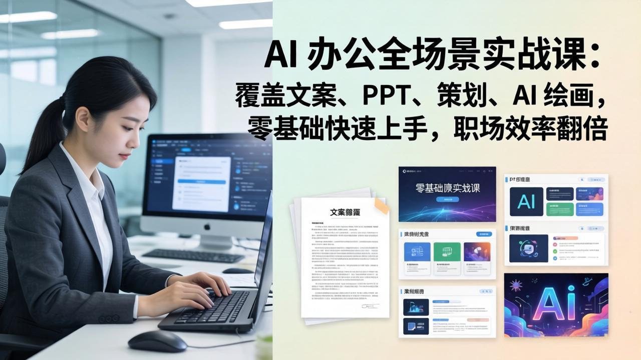 AI 办公全场景实战课：覆盖文案、PPT、策划、AI 绘画，零基础快速上手，职场效率翻倍-鼎誉项目网