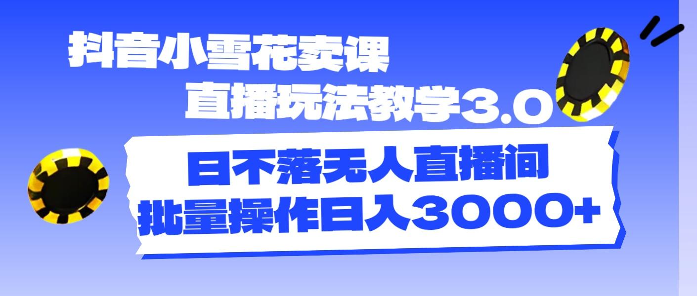 抖音小雪花卖课直播玩法教学3.0，日不落无人直播间，批量操作日入3000+-鼎誉项目网