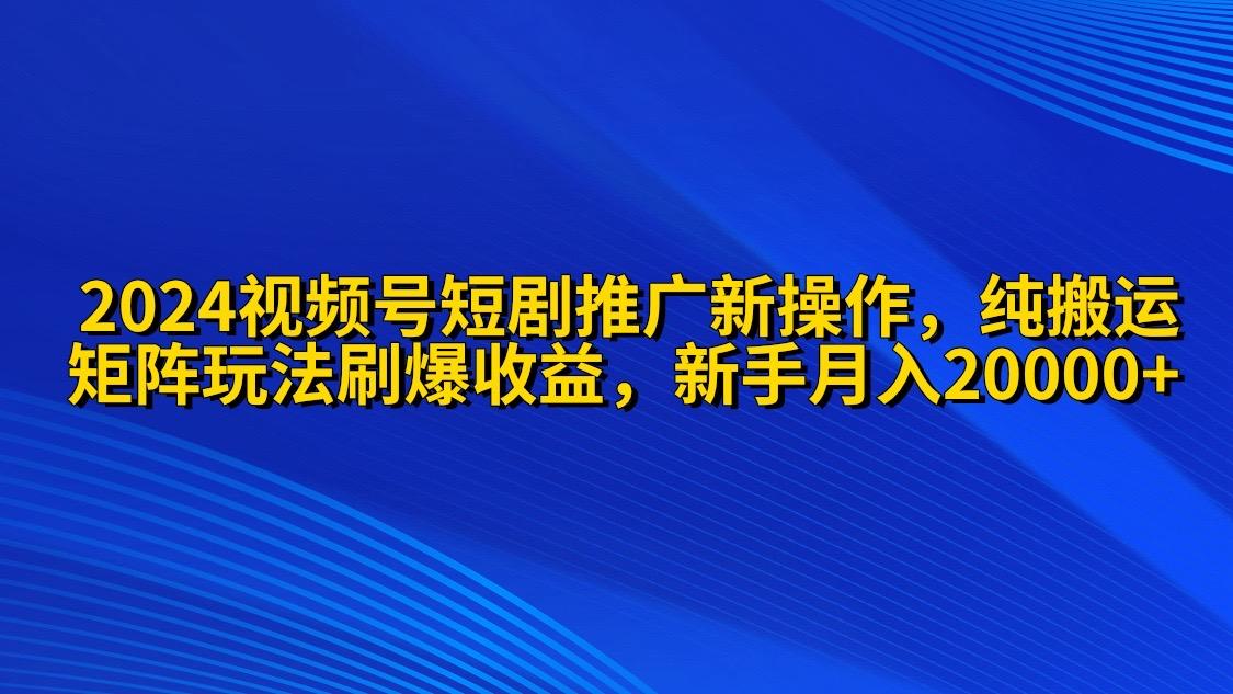 (9916期)2024视频号短剧推广新操作 纯搬运+矩阵连爆打法刷爆流量分成 小白月入20000-鼎誉项目网
