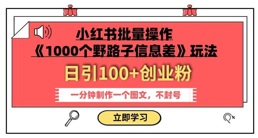 小红书批量操作《1000个野路子信息差》玩法，一分钟制作一个图文，不封号，日引100+创业粉-鼎誉项目网