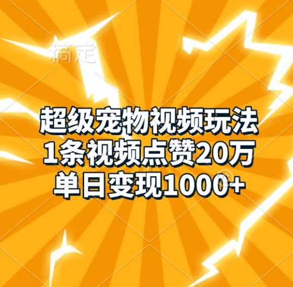 超级宠物视频玩法，1条视频点赞20万，单日变现1k-鼎誉项目网