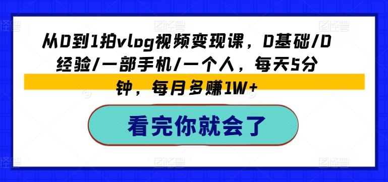 从0到1拍vlog视频变现课，0基础/0经验/一部手机/一个人，每天5分钟，每月多赚1W+-鼎誉项目网