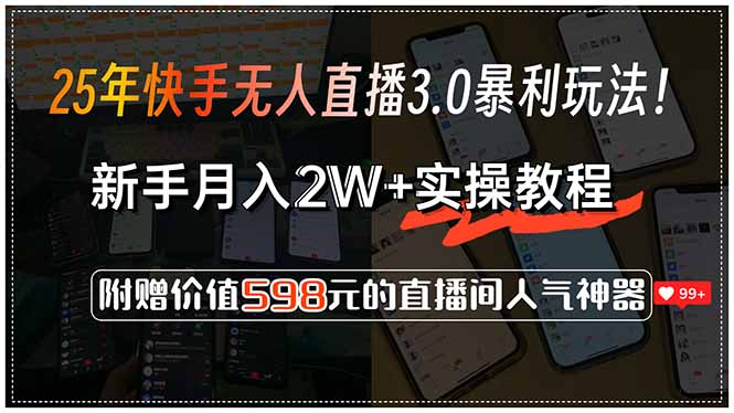 25年快手无人直播3.0暴利玩法！，新手月入2W+实操教程，附赠价值598元...-鼎誉项目网