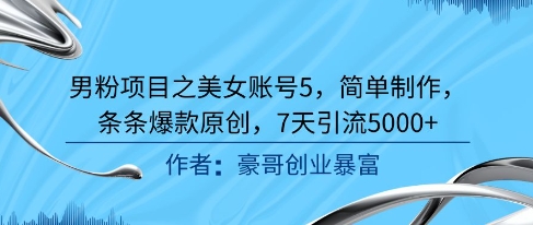 男粉项目之美女账号5，简单制作，条条爆款原创，7天引流5000+-鼎誉项目网