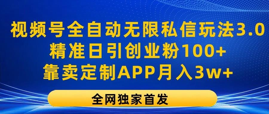 视频号全自动无限私信玩法3.0，精准日引创业粉100+，靠卖定制APP月入3w+-鼎誉项目网