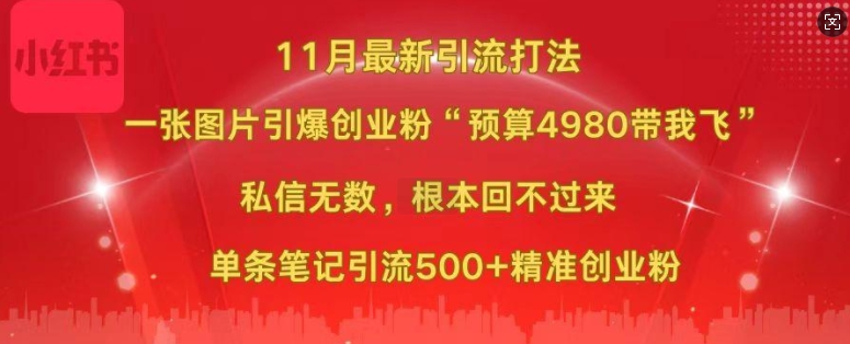 小红书11月最新图片打粉，一张图片引爆创业粉，“预算4980带我飞”，单条引流500+精准创业粉-鼎誉项目网